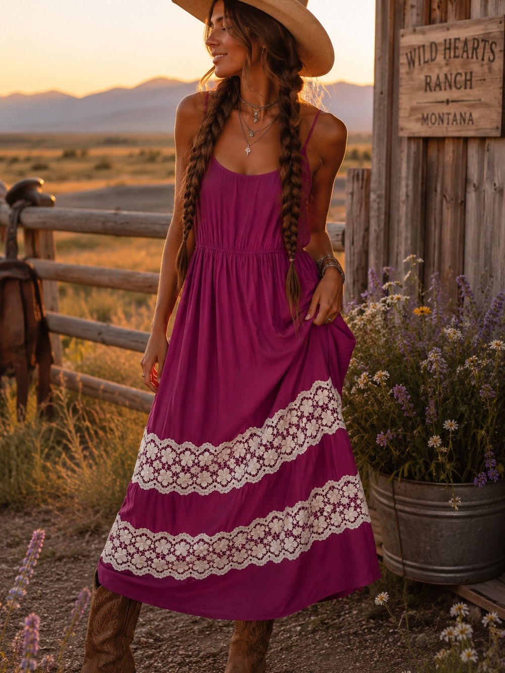 YS Los Angeles Magenta Maxi Dress with Cream Lace Bands